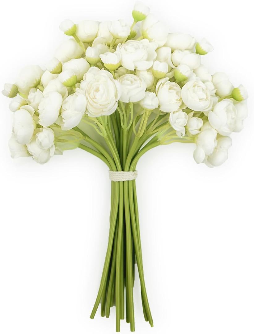 18-Piece Mini Ranunculus Artificial Flowers, Faux Silk Fake Flowers for DIY Wedding Bouquets, Bridal Shower Centerpieces, Floral Arrangements, Bulk Home Decor - White