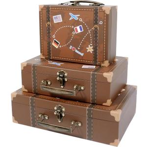 SLPR Brown Small Suitcase Boxes (Set of 3) | Paperboard Travel Style Decorative Storage for Birthday Wedding Decoration | Largest Suitcase is 12'' Length x 8'' Width x 3.5'' Height (Travel)