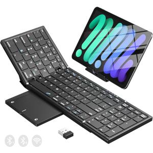 Foldable Bluetooth Keyboard with Touchpad & Number Pad, 3 Devices (2.4G+BTx2) Fold Portable Keyboard, Full Size Key Large Trackpad Wireless Travel Rechargeable Keyboards for Android Windows iOS Tablet