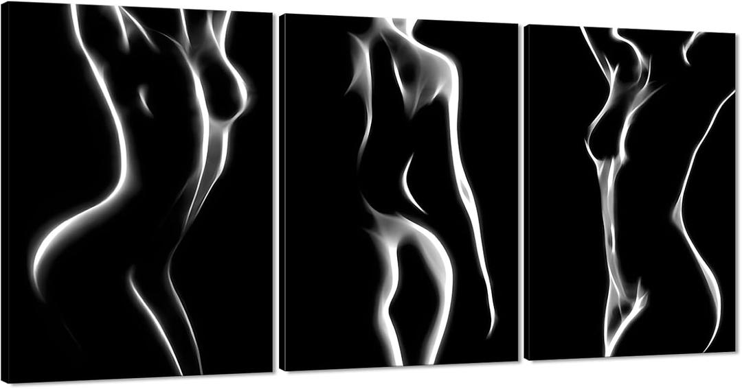 MAMAGO Sexy Naked Woman Canvas Wall Art Abstract Black and White Poster Woman Body Painting 3 Piece Minimalist Home Decor for Bedroom Living Room Framed Easy to Hang-24"x36"x3pcs