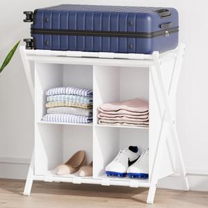 aboxoo Luggage Rack with storage, Guest Room Folding Suitcase Stands, Holds up to 120 lb, Space Saving Suitcase Holders for guest room, Bedroom Hotel, White