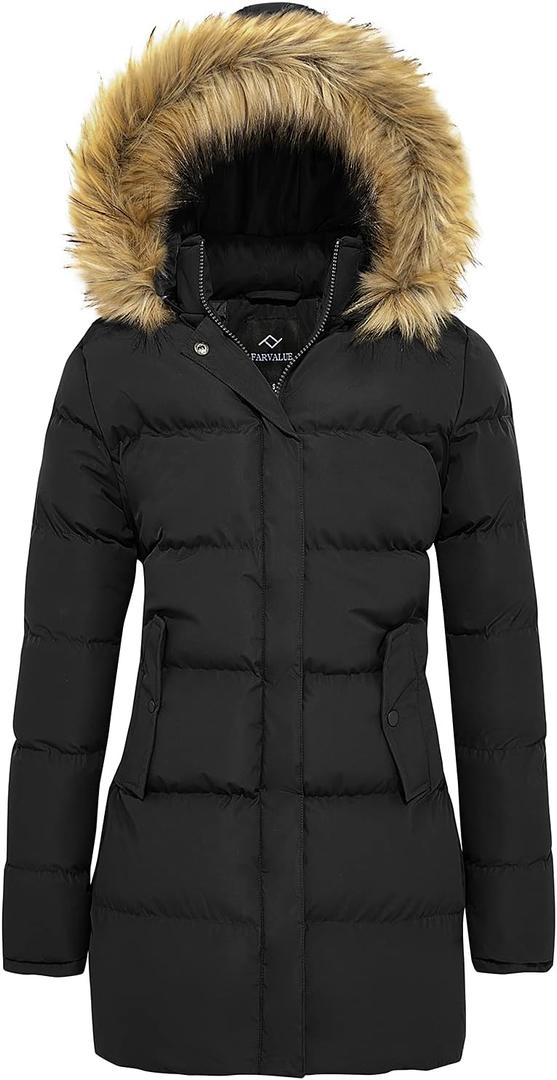 FARVALUE Women's Winter Coat Warm Parka Jacket Puffer Quilted Thicken Hooded Outerwear with Fur Trim (Large, Black)