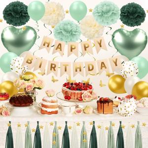 Sage Green Birthday Decorations - Green Party Decorations for Women Girls with Happy Birthday Banner, Balloons,Hanging Swirls, Pom Poms, Balloons for Party Decor (Gold and Green)