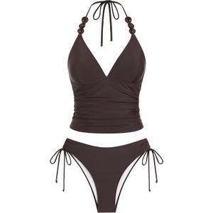 ZAFUL Women's Spaghetti Strap Tankini Swimsuits V Neck Tummy Control Tie Side Thong Bikini Swimsuits 2 Piece Bathing Suits (Brown, S)