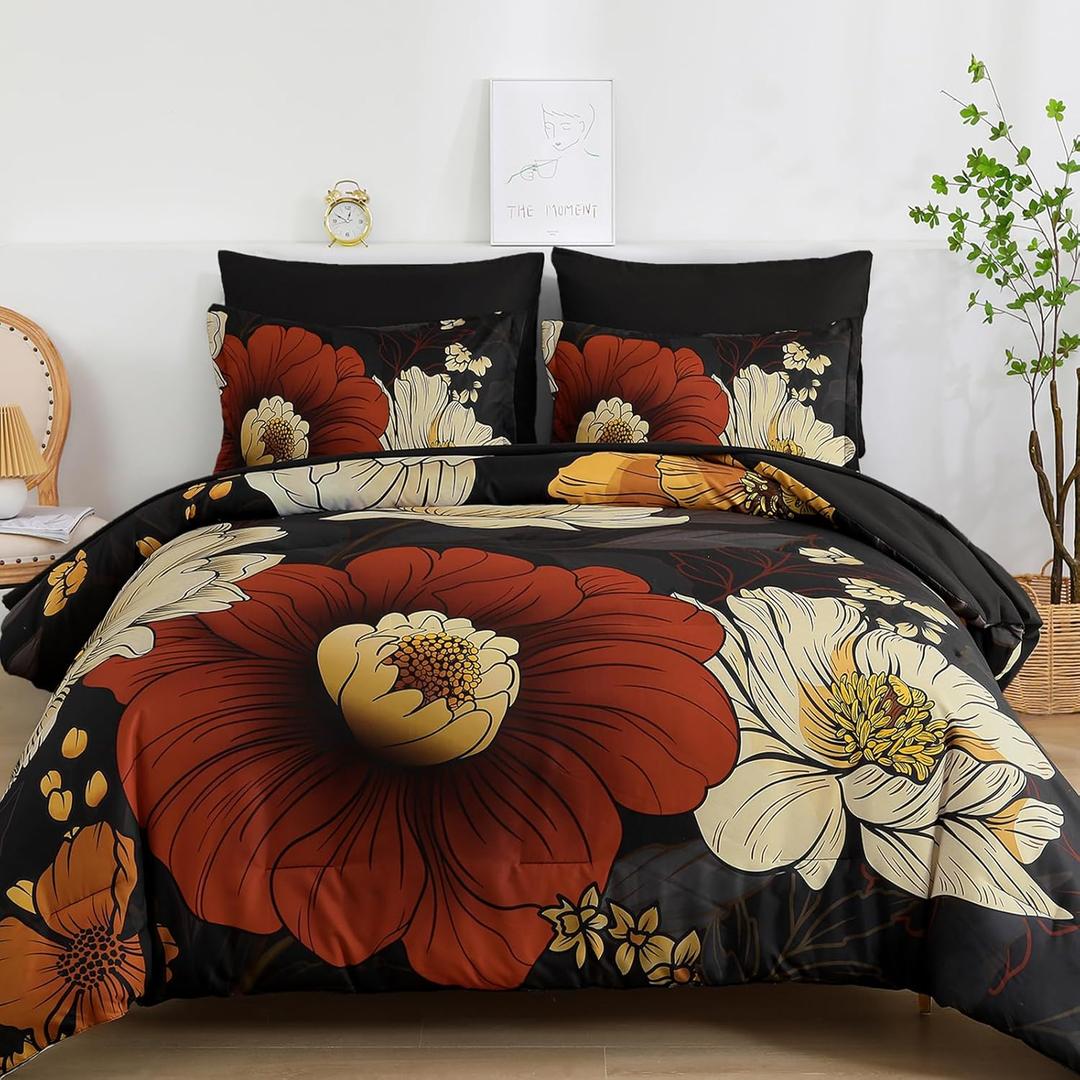 Xruibed Black Floral Comforter Set King Size 7 Pieces Bed in a Bag Flower Bedding Sets Lightweight Boho Bed Set with Sheet,Pillowcases&Shams for All Season