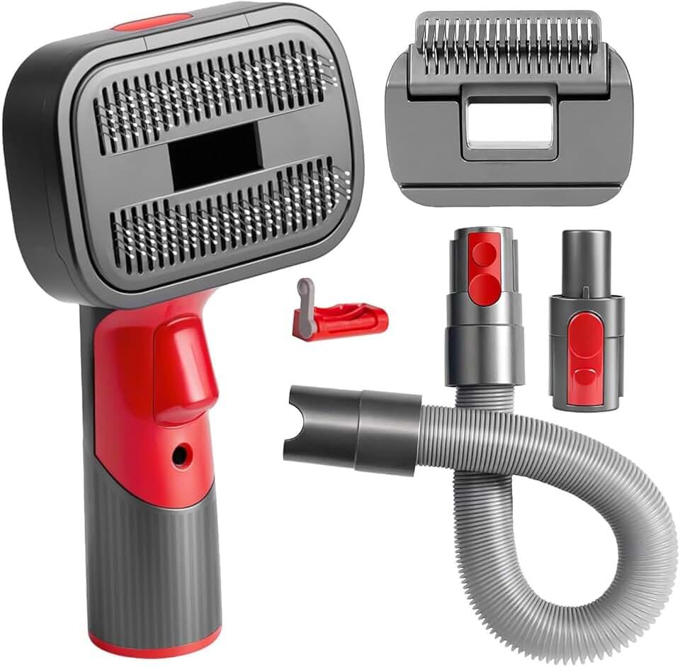 2-in-1 Pet Grooming Kit – Compatible with Dyson V7 V8 V10 V11 V15, Dog Hair Vacuum Attachment, Self-Cleaning Brush Removes Hair, Dander & Undercoat, Extended Hose & Trigger Lock