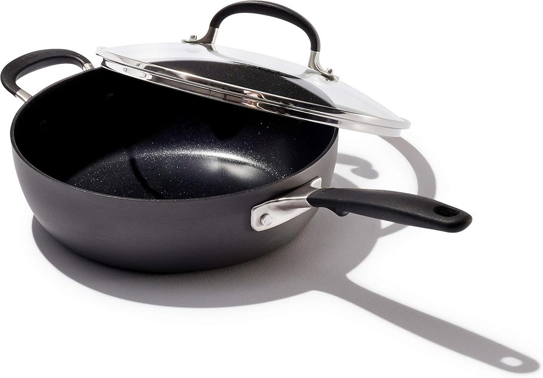 OXO Good Grips 3QT Chef's Pan with Lid and Helper Handle, 3-Layered German Engineered Nonstick Coating, Stainless Steel Handle with Nonslip Silicone, Black