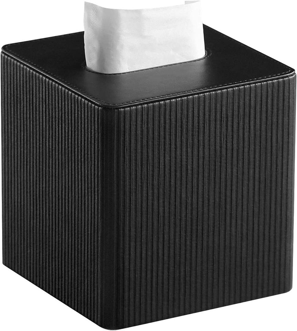 PU Leather Tissue Box Cover with Magnetic Closure, Modern Square Tissue Box Holder Decorative Organizer for Bathroom Vanity Countertop, Night Stands Bedroom Office Desk (Black)