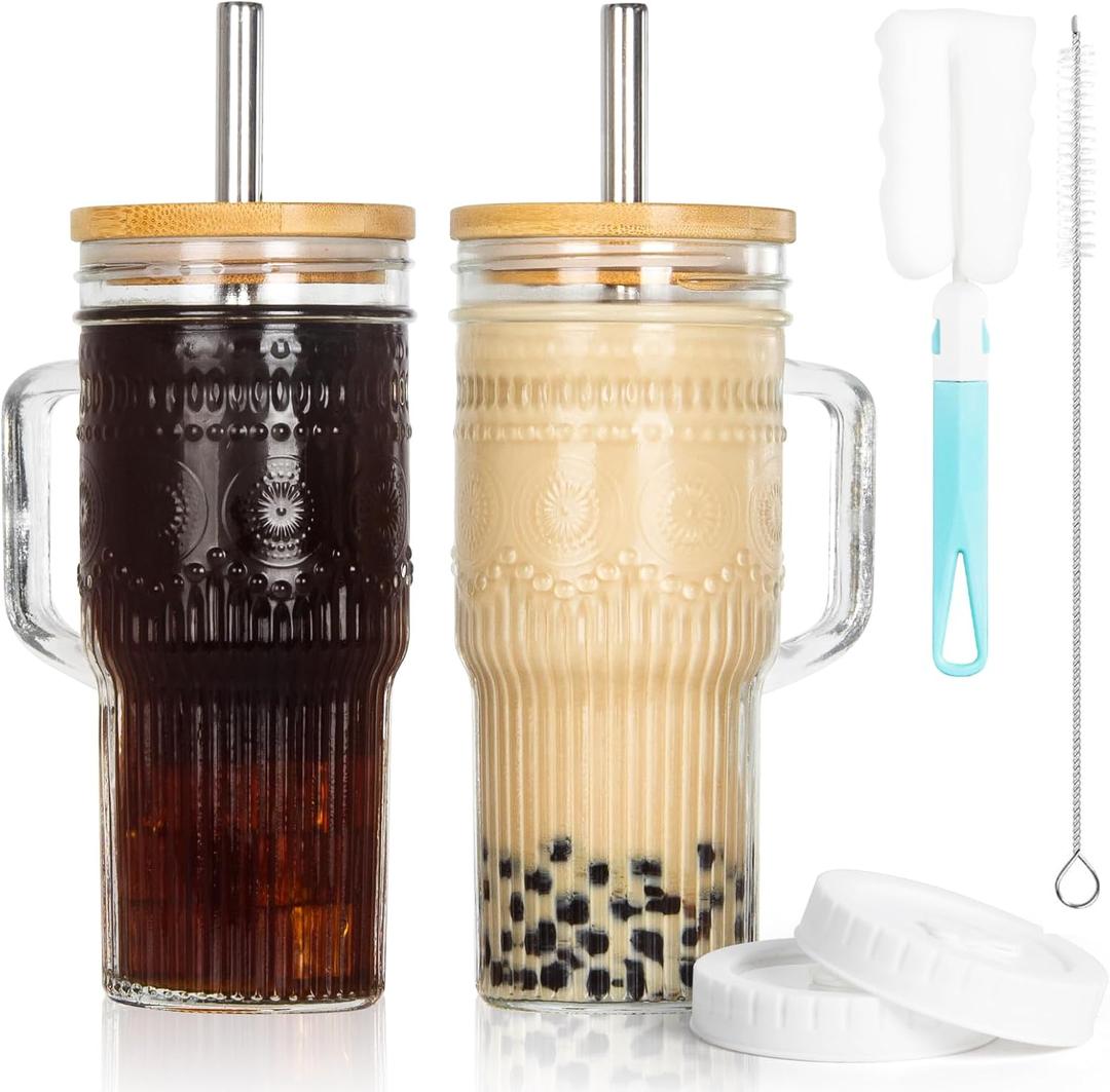 JunVpic Glass Cups with Bamboo Lids and Straws, 24oz Glass Tumbler with Handle, Stainless Steel Straws & Cleaning Brushes Boho Pattern Iced Coffee Cup for Smoothies, Tea, and Gifts, Set of 2