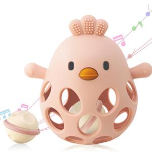 ChooKaChoo 2-in-1 Baby Teething Rattle Toy, Sensory Grasping Teether for Infants 3-12 Months, 100% Food-Grade Silicone, Easy to Hold, Soothing & Developmental, BPA Free, Easter Gifts (Pink)