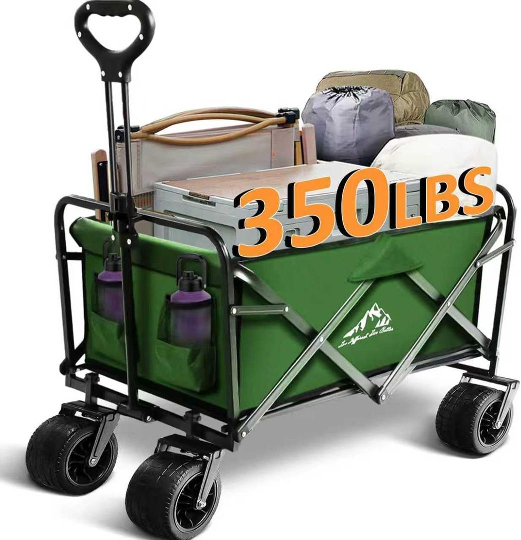 Foldable Wagon Cart, 300lbs Folding Utility Cart with All-Terrain Wheels, Collapsible Wagon for Gardening, Camping, Beach, Outdoor Use, Green