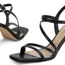 Strappy Heels for Women 3 Inch Chunky Block High Heels Square Open Toe Ankle Strap Dress Sandals for Wedding Prom Party Bridesmaid (Black)
