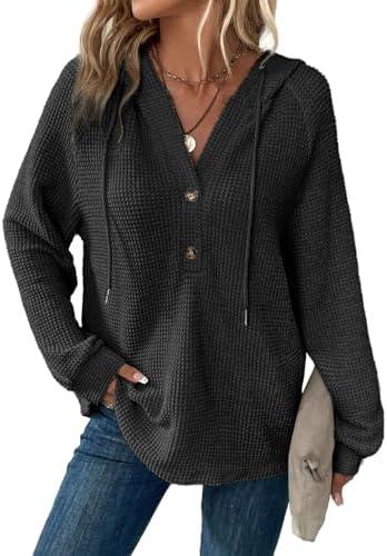 Dokotoo Hoodies for Women Waffle Knit Long Sleeve Drawstring Button V Neck Casual Pullover Sweatshirt Hooded Tops XL
