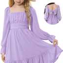 Durio Girls Dresses for Teens Girls Tie Back Off Shoulder Dress Cute Long Sleeve Dress Easter Kids School Party Dance Dresses (Purple)