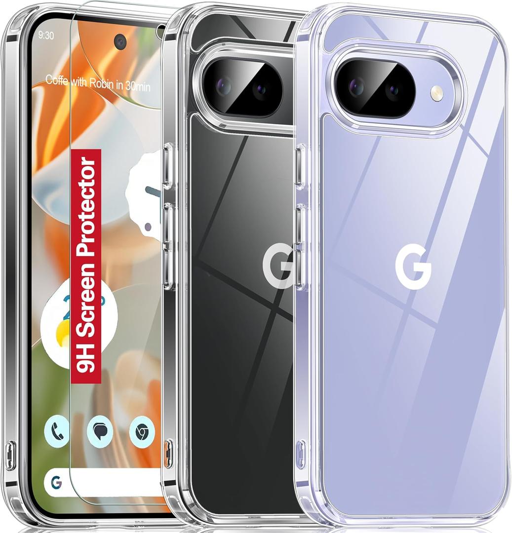 Oterkin for Google Pixel 9a Case Clear, [20X Anti-Yellowing] Transparent Pixel 9a Phone Case with [Tempered Glass Screen Protector][Built-in 4 Airbags][10FT Military Grade Protection] (Clear)