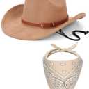 Cowboy Hat with Fringed Bandana Set for Women Wide Brim Western Cowgirl Hat Paisley Head Wrap Scarf (Suede Fabric-Khaki)