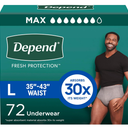 Depend Fresh Protection Adult Diapers, Incontinence Underwear for Men, Disposable, Maximum, Large, Grey, 72 Count (2 Packs of 36), Packaging May Vary