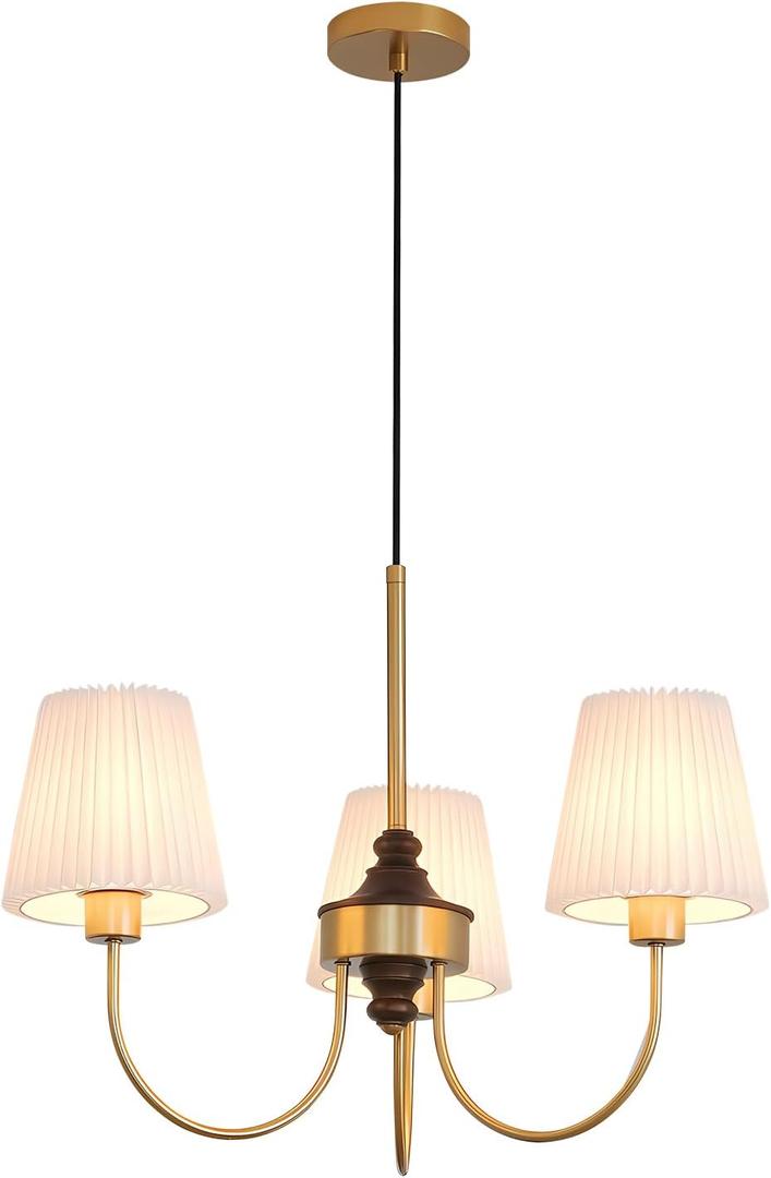 BOKT Modern Sputnik Chandelier Pleated Fabric Gold Semi Flush Mount Chandelier with 3-Light Kitchen Island Adjustable Ceiling Hanging Light American Style Chandelier for Indoor Living Room