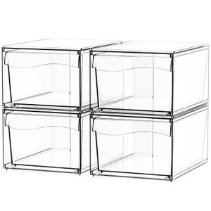 4 Pack Acrylic Drawer Organizer Stackable,Clear Storage Drawer for Makeup,Cosmetics,Beauty Products,Plastic Storage Organizer for Medicine Cabinet Organizer,Bottle and Pump Part Organizer Containers