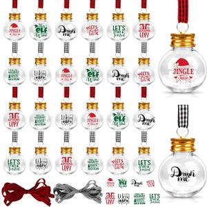 32 Pack Christmas Booze Balls, Fillable Christmas Tree Hanging Ornaments Clear Plastic Water Bottle Bulbs Pendant Ball with Plaid Ribbon and Stickers for Xmas Home Party Decor(Ball)