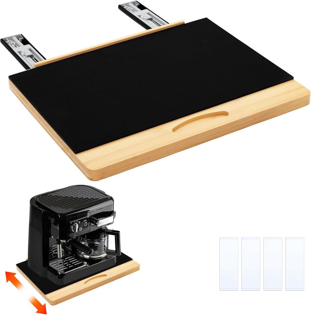 MinBoo Bamboo Appliance Slider,Sliding Tray for Coffee Maker, Kitchen Countertop Appliance Rolling Tray,Slides Easily from Under The Cabinet,Wide - Large (16" Wx13 D)