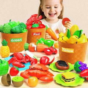 Toddler Toys Play Food Set, Learning Toy Cutting Food with Color Sorting Basket, Pretend Play Kitchen for Toddler 1-3 Preschool Learning Activities Montessori Toys for 1 2 3 Year Old Toddlers Kids