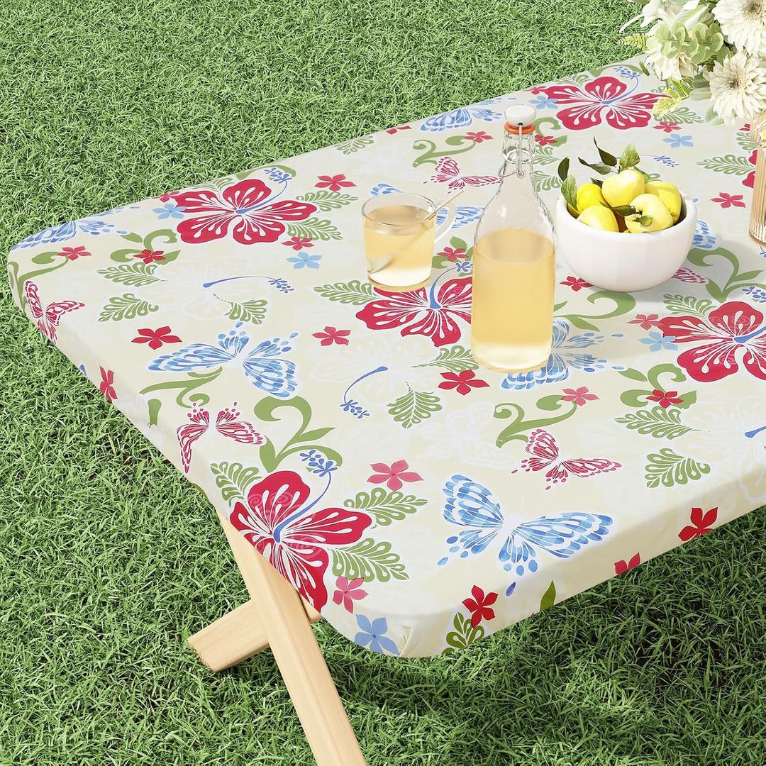 misaya Rectangle Vinyl Tablecloth, Fitted Table Cover, 100% Waterproof, Elastic Edge, Flannel Backing, Plastic Table Cloth Fit 4 Foot Folding Tables for Picnic, Outdoor (Butterfly, 24x48 inch) (Light Yellow)