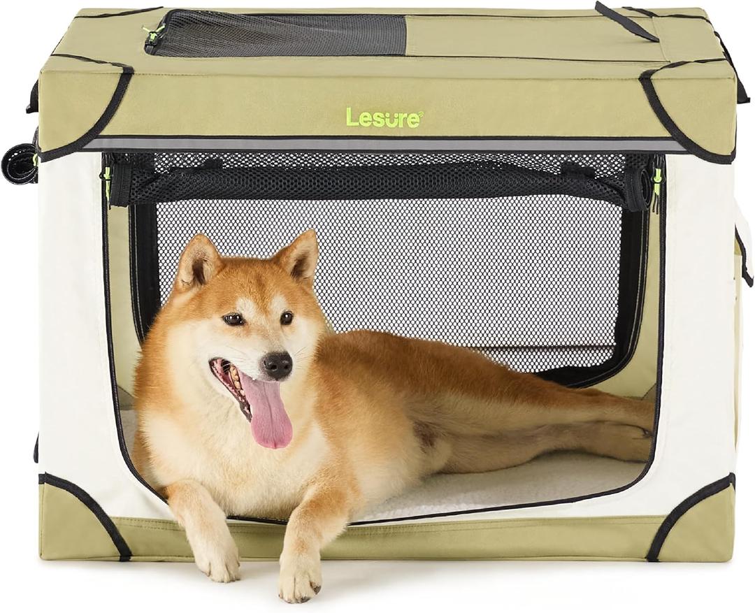 Lesure Soft Collapsible Dog Crate - 30 Inch Portable Travel Crate for Medium Dogs Indoor & Outdoor, 4-Door Foldable Pet Kennel with Durable Mesh Windows, Beige