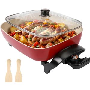 15'' Ceramic Nonstick Electric Skillet with Tempered Vented Glass Lid,Thermostat Control to Prevent Overheating,Removable Easy-to-Clean,Vibrant Red