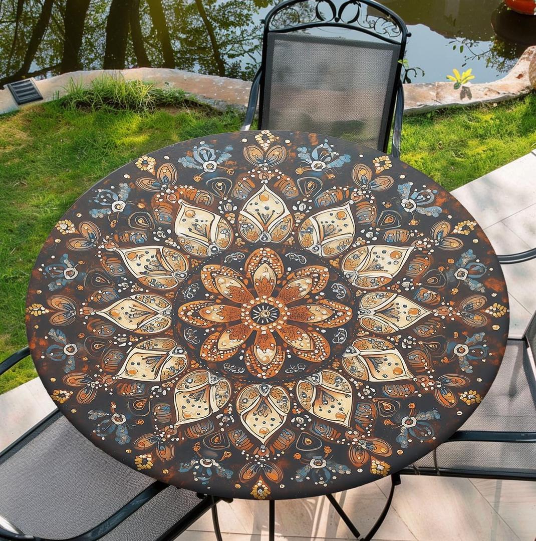 Round Table Cover for Round Tables 36"-70", Fitted Tablecloth with Elastic for Indoor Outdoor Party Holiday, 36inch, Boho