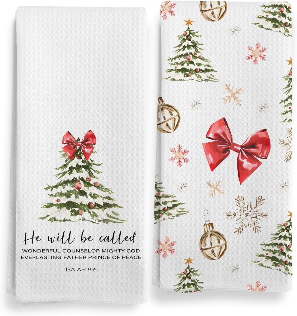 Christian Christmas Kitchen Towels, Red Bow Christmas Tree Decorative Set, Hand Dish Tea Towels 16x24 Inch