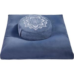 Meditation Zafu Cushion Set with Buckwheat Hulls & Memory Foam - Ergonomic Support for Yoga & Sitting - Removable Machine-Washable Luxury Velvet Cover - for Adults and Kids (Blue)