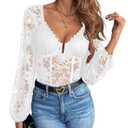 SweatyRocks Women's Lace Long Sleeve Corset Bodysuit Tops Sheer Mesh V neck Jumpsuit White A, Medium