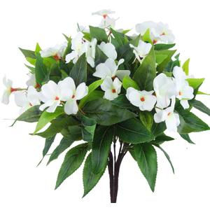 2 Pcs Artificial Impatiens Flowers for Outdoors Faux Impatiens Bushes White Silk Flowers Greenery Artificial Impatiens Bouquet for Patio Lawn Garden Pot Hanging Basket Porch Decoration