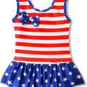 July 4th Baby Girl Ruffled Single Piece American Flag Printed Bow Beach Swimwear Swimsuit Rash Guard (2T, Red)