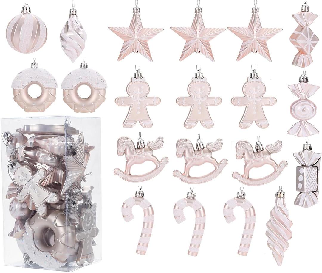 LANGXUN 20pcs Christmas Ornaments for 2024 Christmas Tree Hanging Decorations, rbol de Navidad Decoracin, Plastic Horse, Gingerbread Man, Candy, Stars, Candy Cane Xmas Party Decor (Rose Gold)
