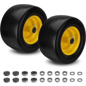 2PCS 11x6.00-5 Flat Free Tire and Wheel with 1/2" & 3/4" & 5/8" Precision Bearings and 5.8"-10.4" Centered Hub, Front Zero-Turn Smooth Tire Assembly Replacement for Riding Lawn Mowers Garden Tractor