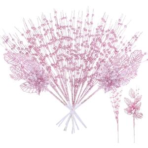 Megoogo 12 PCS Artificial Glitter Berry, Pink Christmas Glitter Picks Artificial Berries Stems for Christmas Decorations Fake Xmas Sticks for Vases Tall DIY Wreath Home Decor (15.8’’) Pink