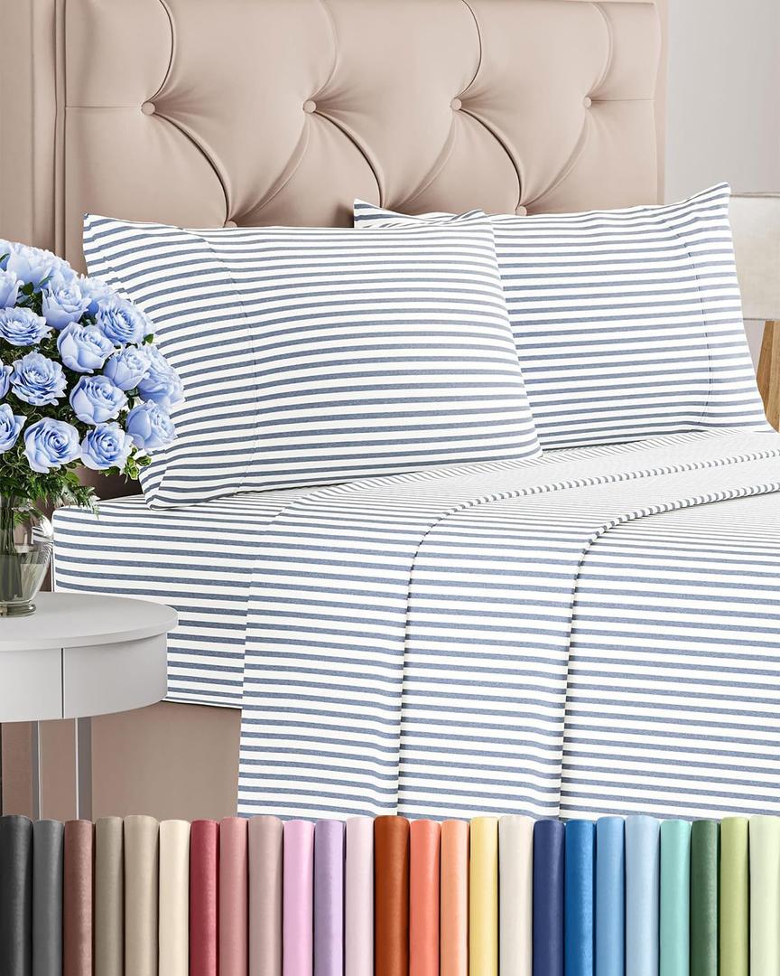 King Size 4 Piece Sheet Set - Comfy Breathable & Cooling Sheets - Hotel Luxury Bed Sheets for Women & Men - Deep Pockets, Easy-Fit, Soft and Wrinkle Free Sheets - Blue Stripes Oeko-Tex Bed Sheet Set