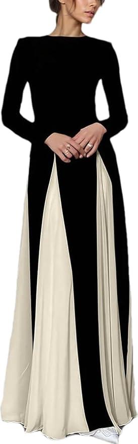 Womens Black&White Maxi Dress Long Sleeve Crewneck Long Dress Color Block Flowy Aline Dress with Large Hemlines, Size L