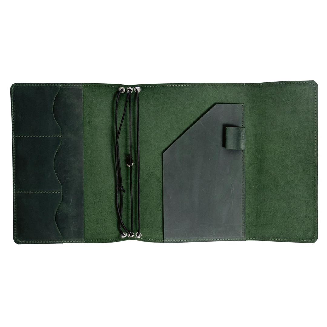OMBUO Full-Grain Leather A5 Journal Cover  Refillable Travelers Notebook Case with 3 Elastic Bands, Pen Loop & Card Pockets  Fits A5/Half-Letter Inserts (Paper Not Included), Green