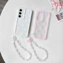NITITOP Compatible with Samsung Galaxy A15 Case Clear Ribbon Bow Knot Pattern for Girls Women Bowknot Durable with Chain Wrist Strap Soft TPU Shockproof Protective Phone Cover - White