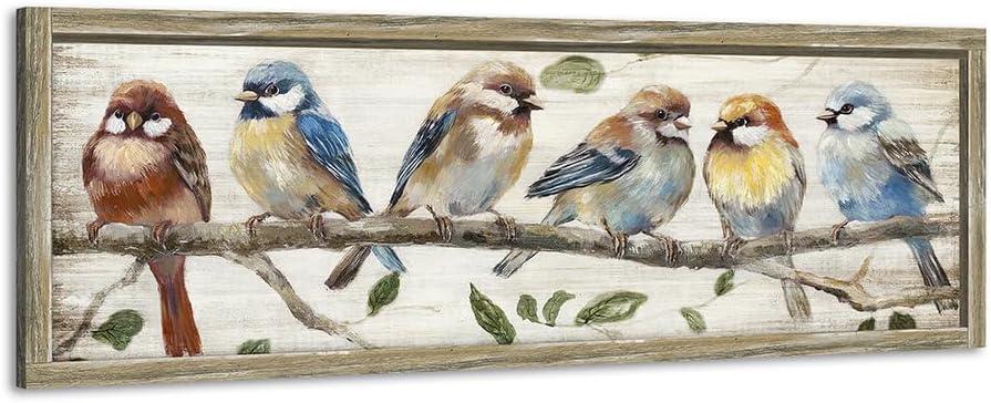 Colorful Bird Framed Wall Art: Cute Chickadee Wooden Painting Vintage Sparrow Picture Bluebird on Branch Prints Countryside Artwork Rustic Decor for Living Room Bedroom Farmhouse