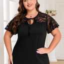 ZNU Women' s Plus Size Summer Tops Elegant Tie Front Bow Knot Round Neck Lace Ruffle Short Sleeves T-Shirts Tee Blouse (Black, XXL)