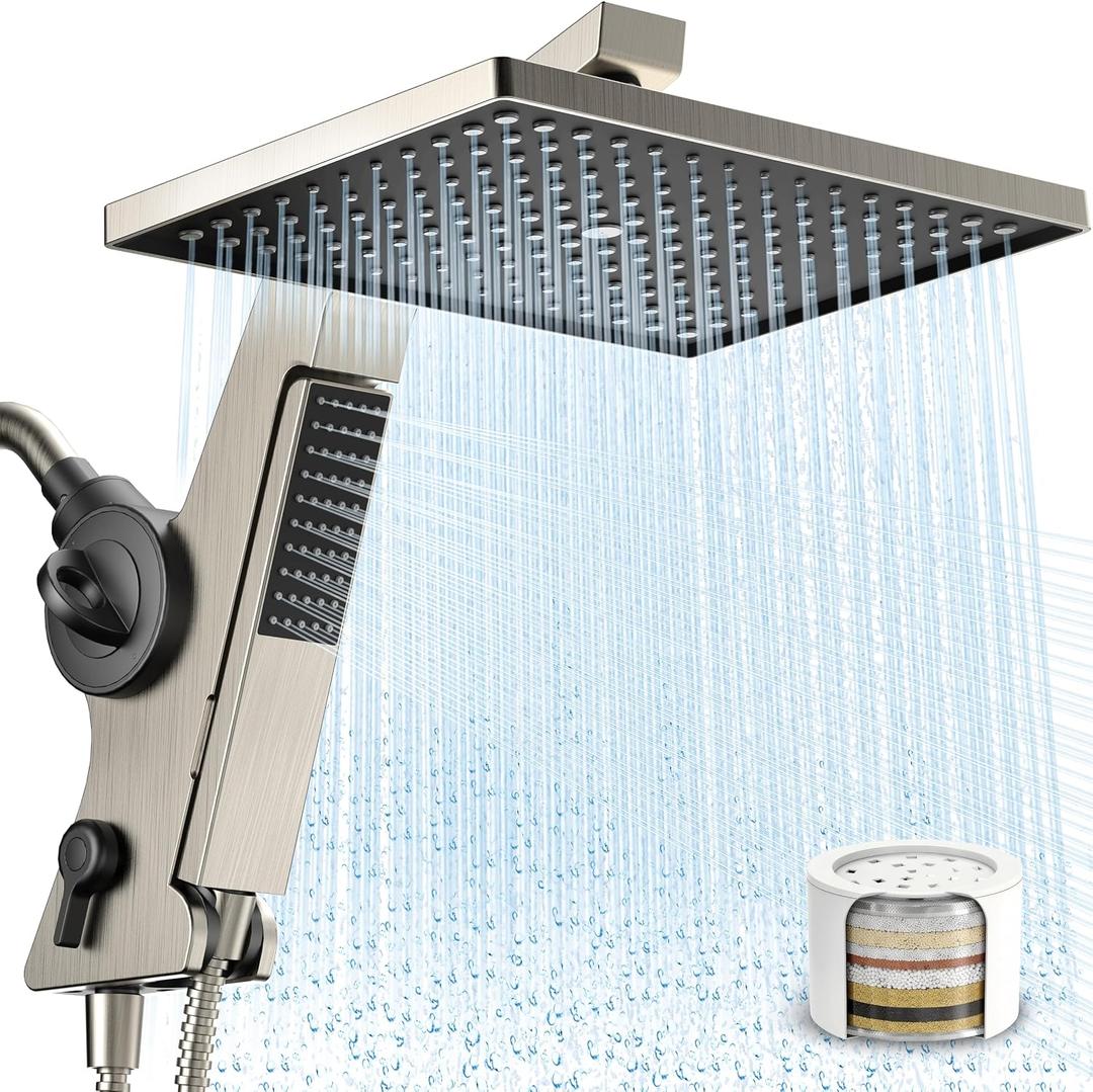 MakeFit Filtered Rain Shower Head with Handheld Combo High Pressure 12'' Rainfall Shower Heads & Hidden Detachable Wand Dual Showerhead Water Softener for Hard Water Easy Filter Replacement