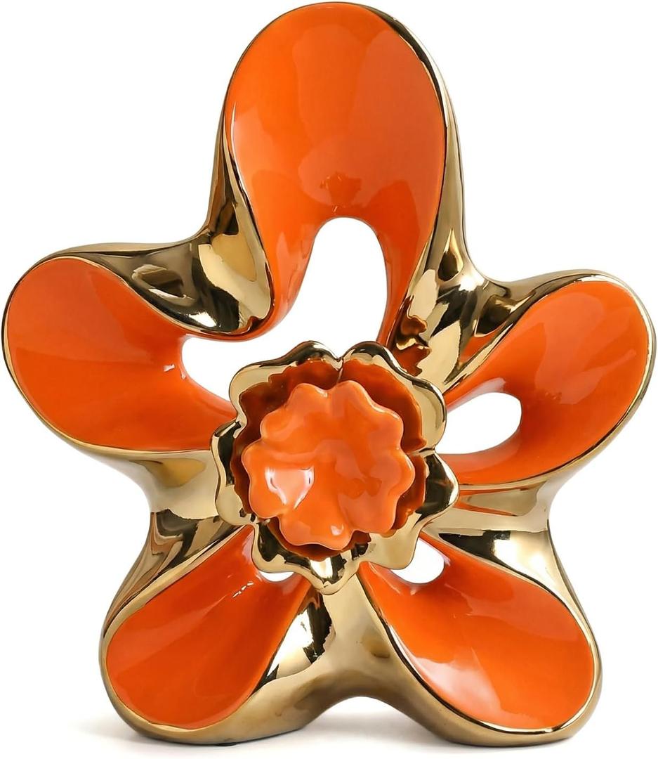 Ceramic Statue Home Decor Aesthetic Abstract Flower Sculpture Modern Decorative Statues for Living Room Bedroom Bookshelf Desktop Dinging Table Centerpiece Office (Orange and Gold)