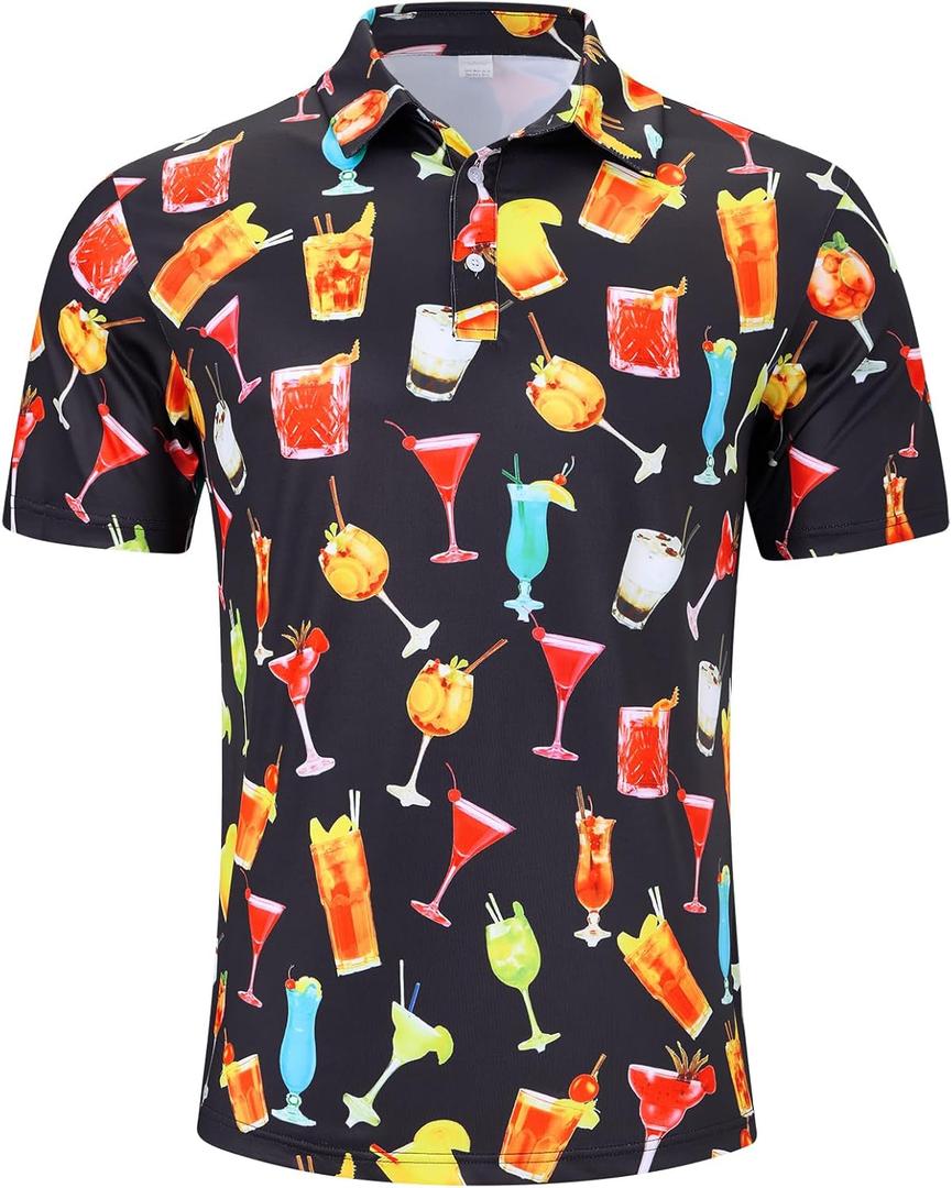 Fanient Men Golf Polo Shirts Short Sleeve 3D Printed Dry Fit Moisture Wicking 4-Way Stretch Summer Athletic Polo Shirts (M)