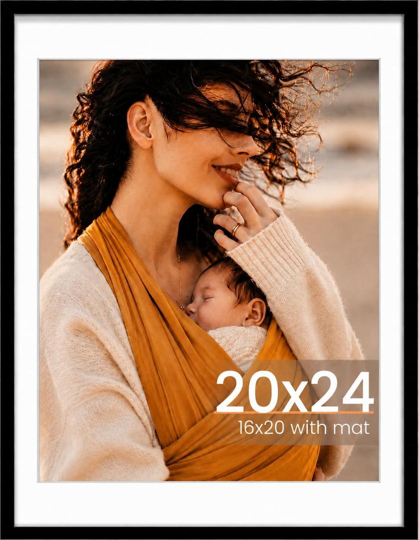 20x24 Picture Frame, Photo Frame with HD Plexiglass, Display Pictures 16x20 with Mat or 20x24 Without Mat for Wall Display, Wall Hanging Photo Frame,1 Pack, Black