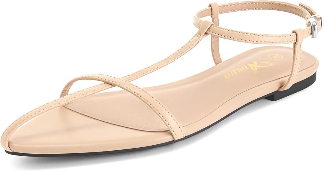 Athlefit Flat Sandals for Women Comfortable Buckle Strappy Sandals Pointed Open Toe Ankle Strap Sandals (Beige)