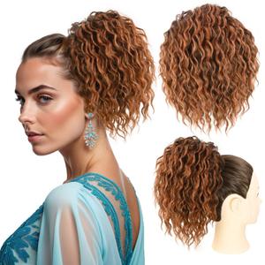 Messy Bun Hair Elastic Drawstring 8inch Dark Copper Red Loose Curls Bun Hair Extensions Synthetic Short Curly Yaki Drawstring Ponytail for Women Daily Party Use(30# Auburn Brown)